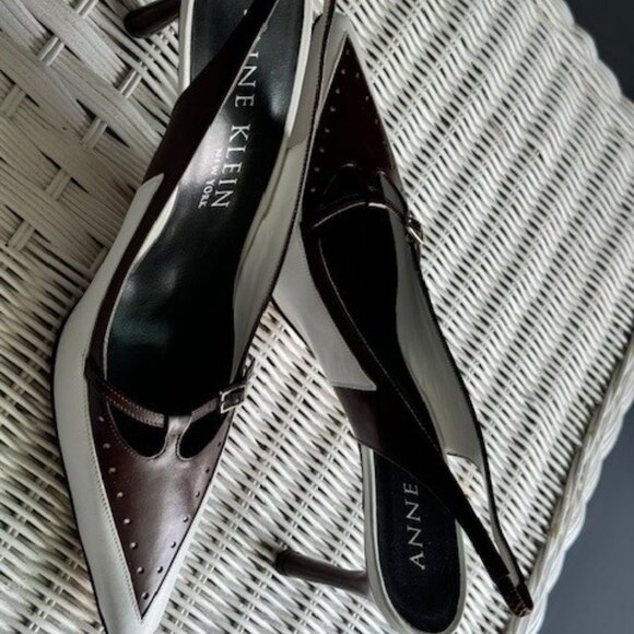 Anne Klein New York White & Brown Spectator Sling Back Sandals - Picture 3 of 5